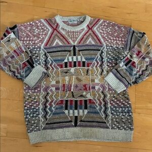 Vintage 90s Textured Knit Sweater Multicolor Geometric Pattern